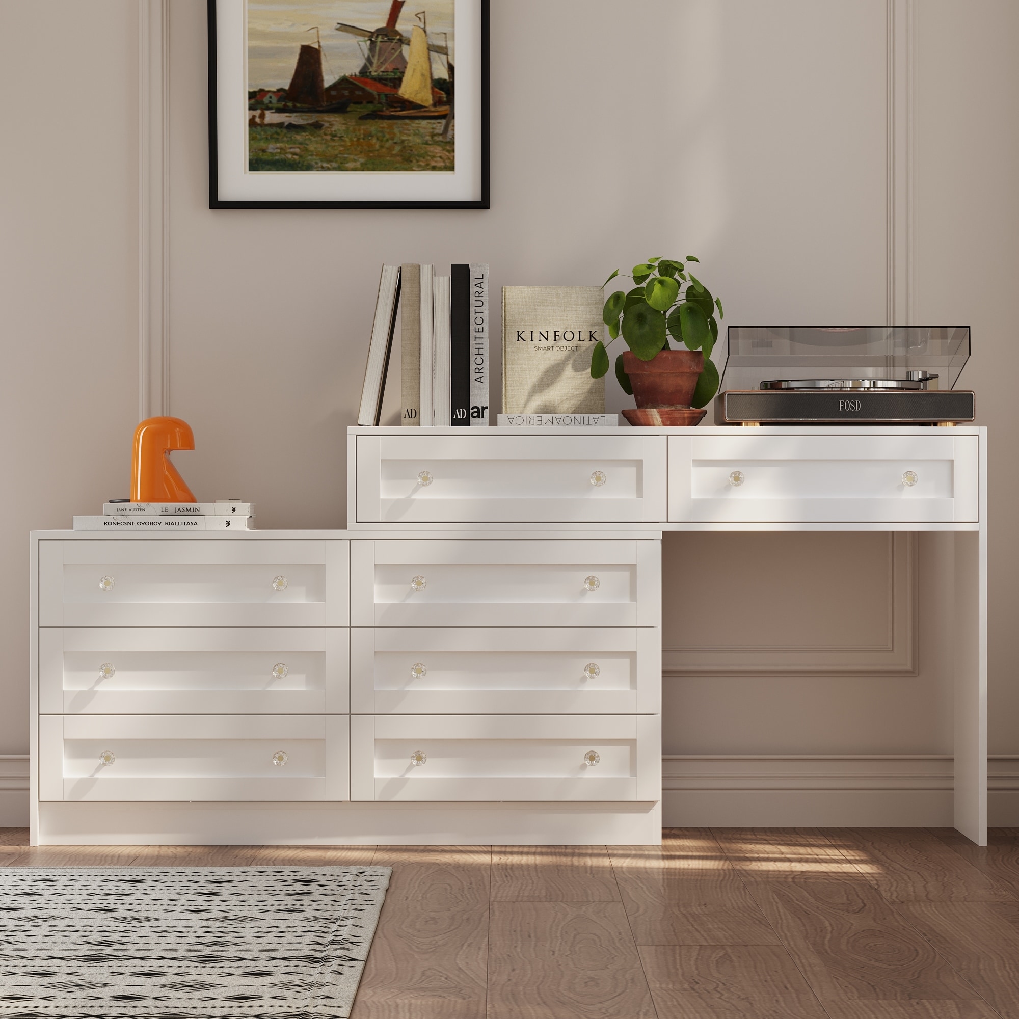 White Dresser Vanity Combo Spacious Storage with Chic Crystal Knobs