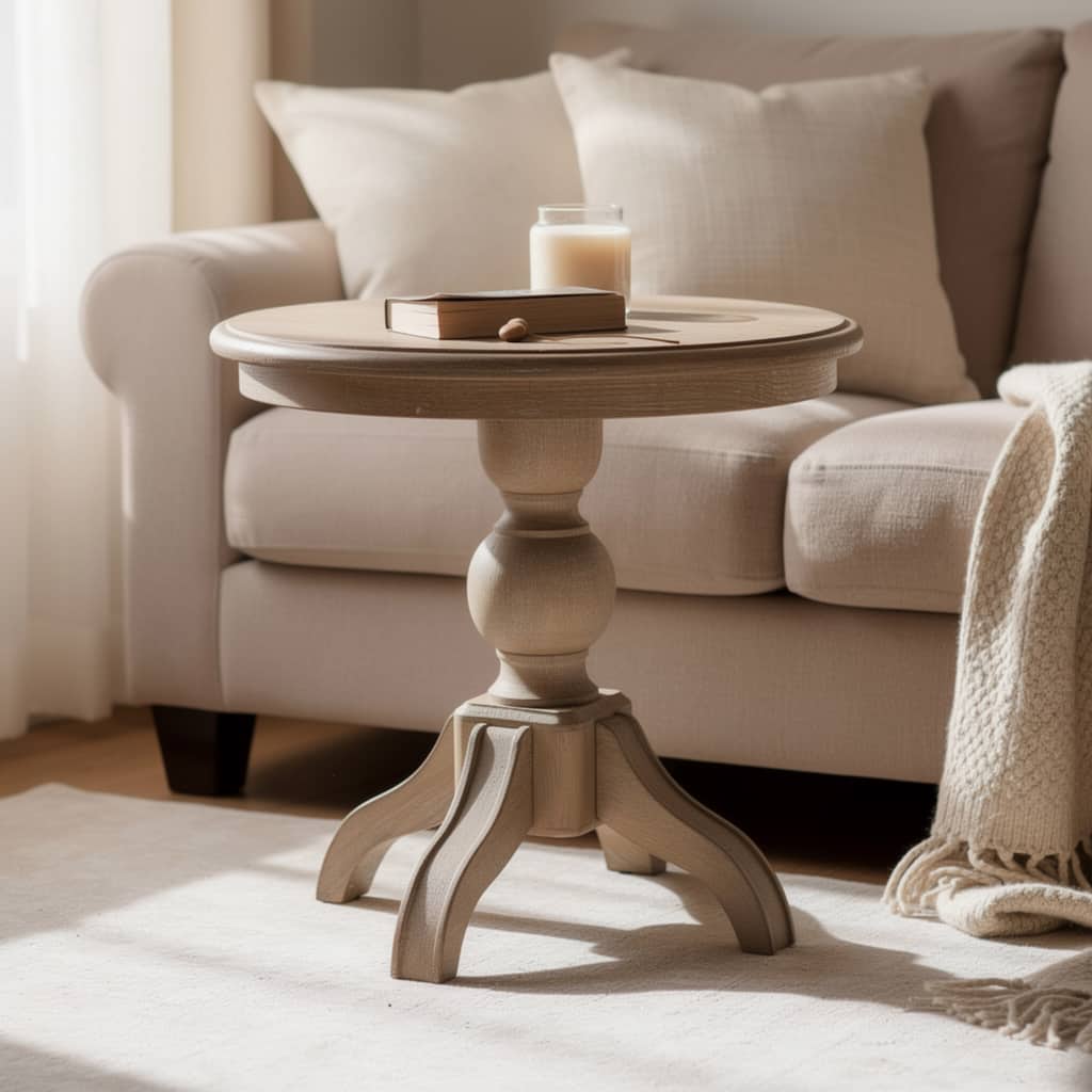 Cherie Round End Table, Light White Washed Solid Rubberwood, 24 Inch