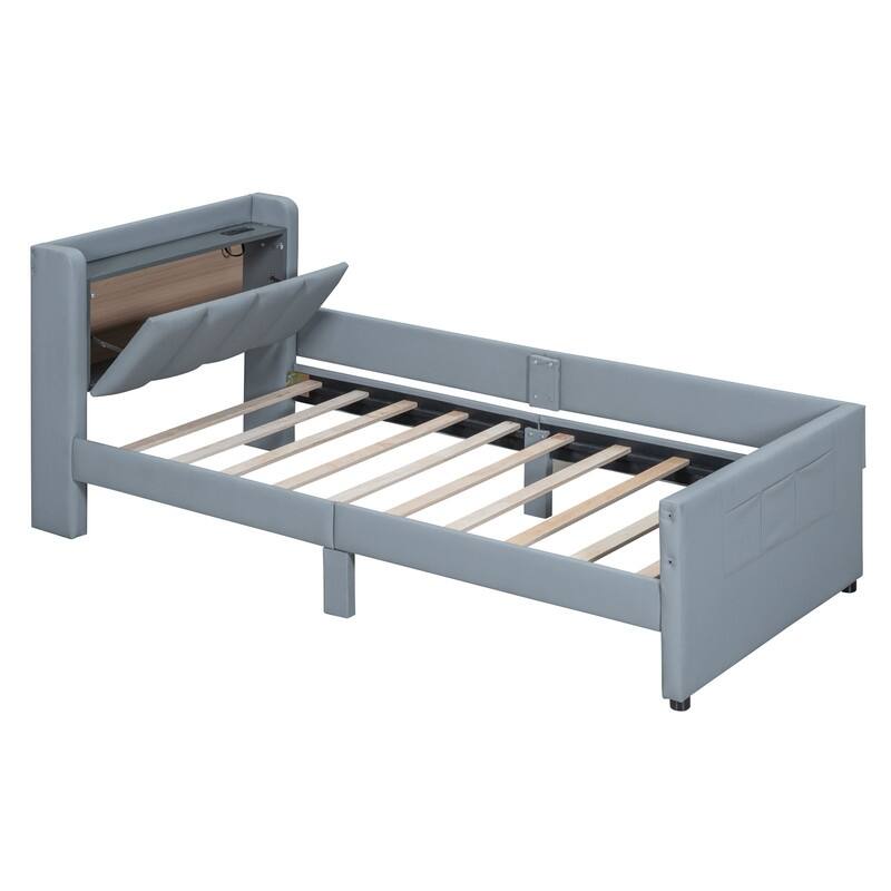 Queen Size/Twin XL Size Upholstered Platform Bed Frame with Hydraulic Storage System, Drawer,Shelves and UPS Ports