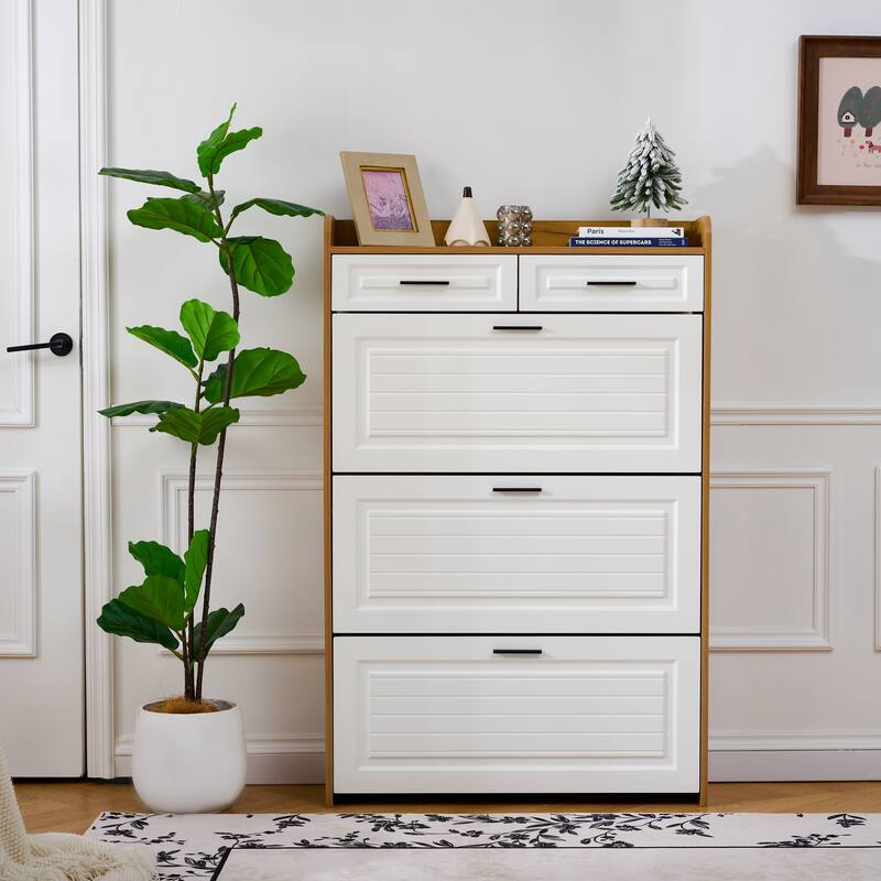 Shoe Cabinet with 3 Flip Drawers & 2 Drawers, Hidden Slim Shoe Rack Cabinet, Wood Entryway Narrow Shoe Storage Cabinet