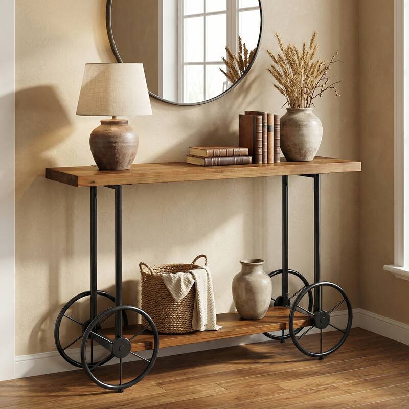 2-tier Solid Wood Console Sofa Table with Storage Shelves