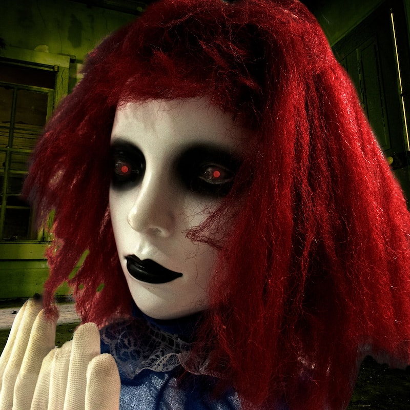 Haunted Hill Farm 27 In. Pop-Up Animatronic Haunted Doll, Indoor/Outdoor Halloween Decoration, Red Flashing Eyes, Noises