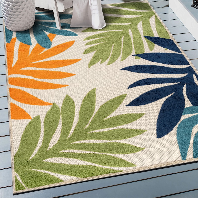 World Rug Gallery Indoor/Outdoor High-Low Textured Area Rug, Palm Easy-Clean Patio Rug - 4' x 6' - Multi