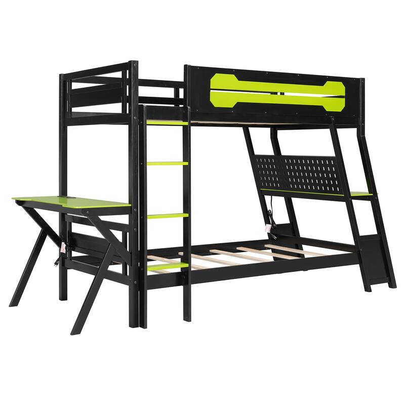 Twin Size Bunk Bed with Two Built-In Gaming Desks, USB Desktop Ports & Pegboard Organizer, Gaming Bunk Frame