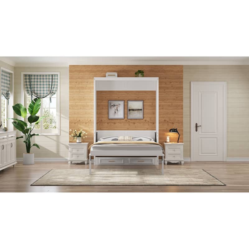 Full Size Murphy Bed with 2 Drawers, Beige