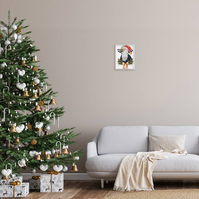 Stupell Festive Cow in Christmas Hat Framed Giclee Art Design By Ashley Justice
