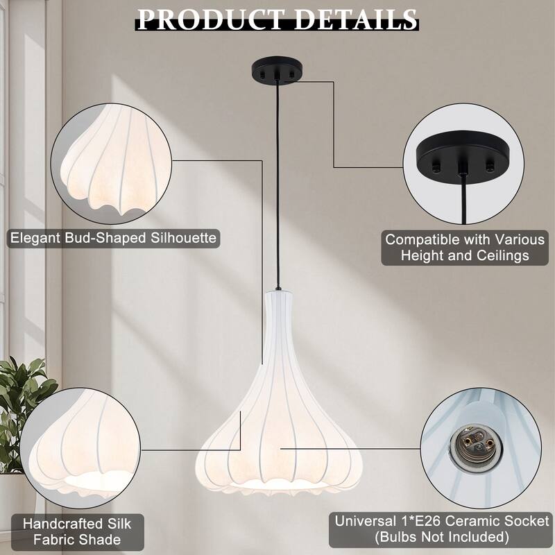 White Fluted Bell Fabric Pendant Light for Bedroom & Living Room - Dia.13.78-in
