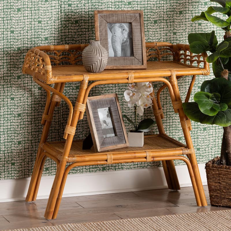 Nayana Modern Bohemian Natural Rattan 2-Tier Console Table