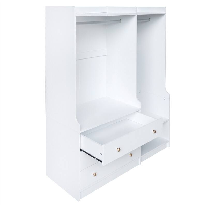 Open Style Wardrobe Closet with 3 Large Storage Drawers and Hanging Rods, Modern Armoire Clothing Organizer with Storage Shelves
