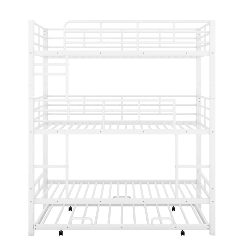 Antique White Twin Size Metal Triple Bunk Bed with Trundle and Ladder for Kids
