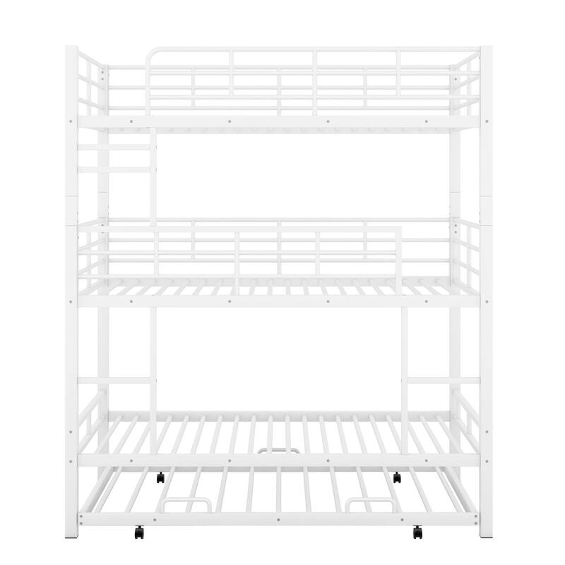 Space-Saving Metal Triple Twin Bunk Bed with Trundle, Guardrails, and Heavy Duty Steel Frame, Perfect for Large Families