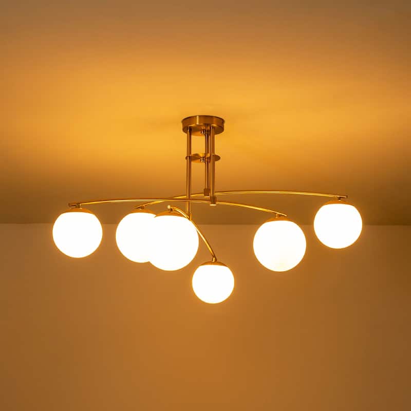 6-Light Modern Sputnik Linear Opal Frosted Glass Globe Bubble Semi-Flush Mount Light