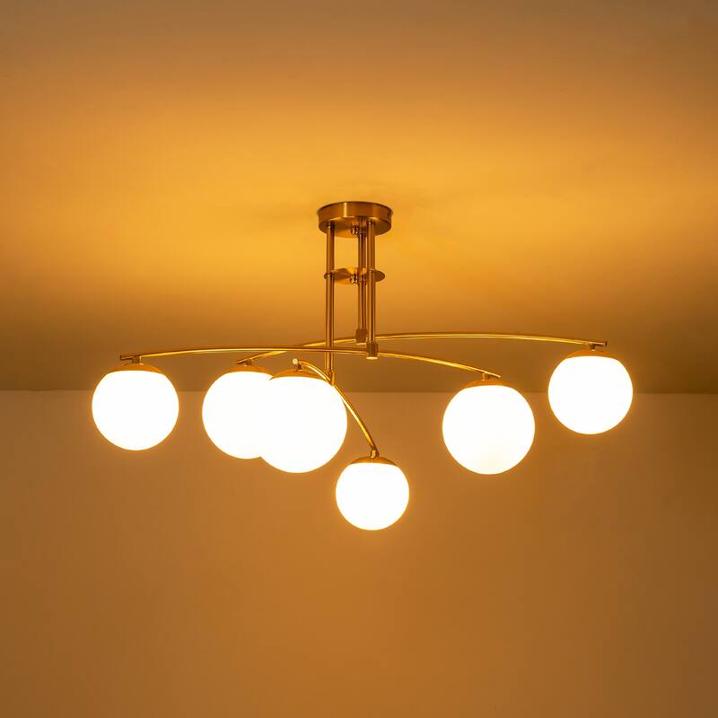 Modern Brass Sputnik Linear Opal Frosted Glass Globe Semi-Flush Mount Light