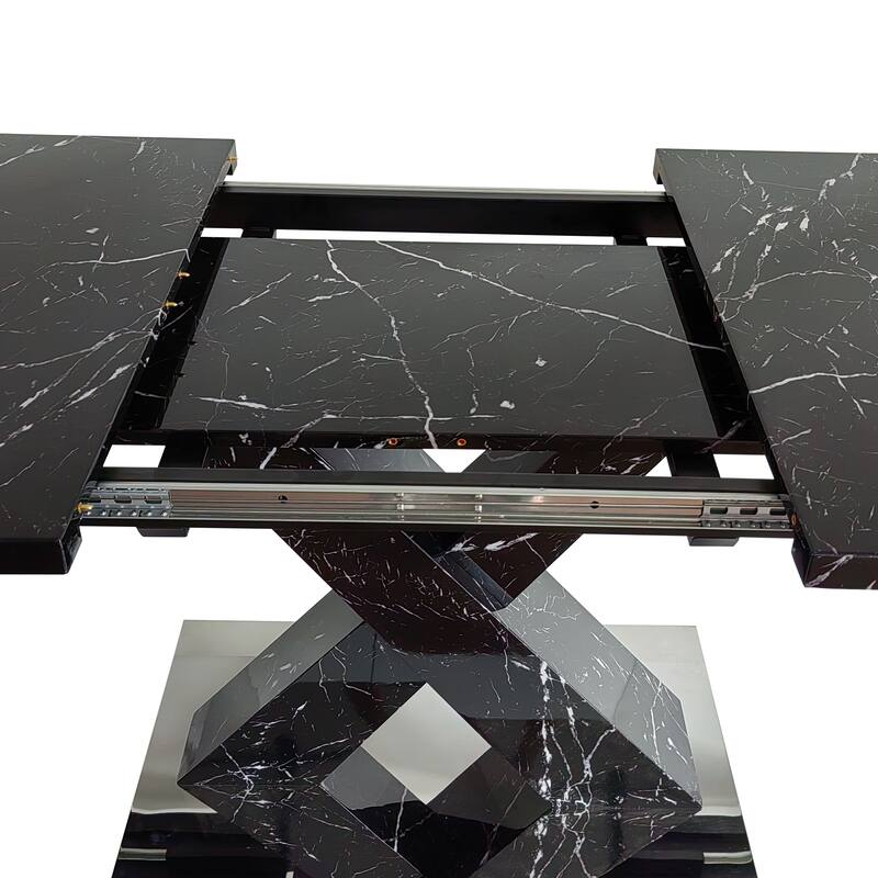 Modern Square Dining Table, Stretchable, with X-Shape Table Leg with Metal Base