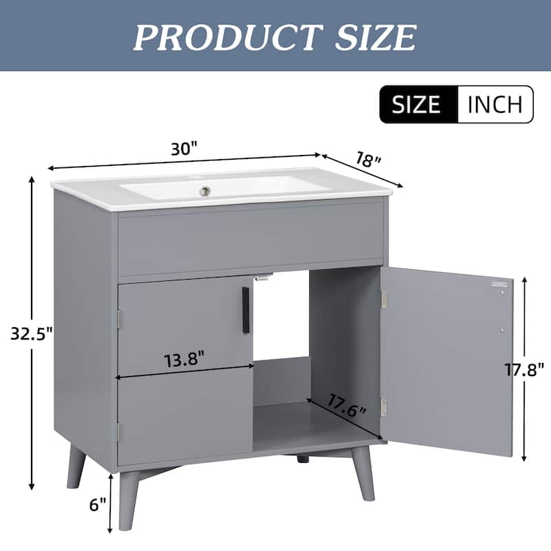 30" Wall-Mounted Bathroom Vanity with Double Door Storage, Solid Wood Frame, Space-Saving Design, Anti-Scratch Floor Mat
