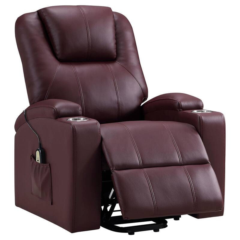 Stoy Power Lift Recliner Chair, Massage, 36 Inch Wine Red Faux Leather