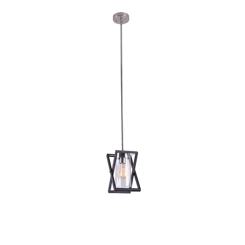 Katie Matte Black+Grey Abstract Metal Frame 1-Light Pendant with Cylinder Clear Glass Shade