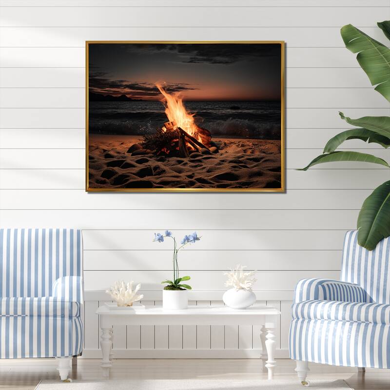 Designart "Beachside Fir At Sunset II" Nautical & Beach Framed Canvas Art Print - Gold - 20 in. wide x 12 in. high