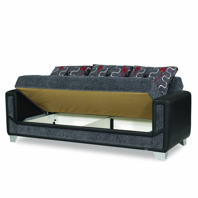 HomeRoots 90" Gray Chenille Convertible Futon Sleeper Sofa And Toss Pillows With Storage