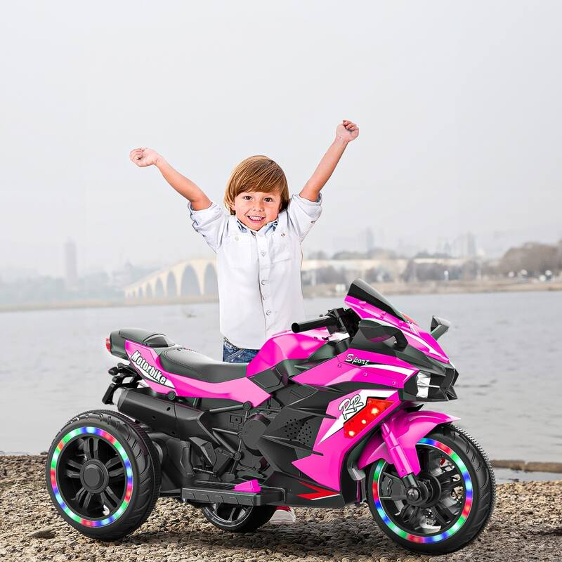 12V Electric Motorcycle for Kids, Three Wheels Battery Powered Ride On Motorbike, Ride on Toy with LED Light Wheels