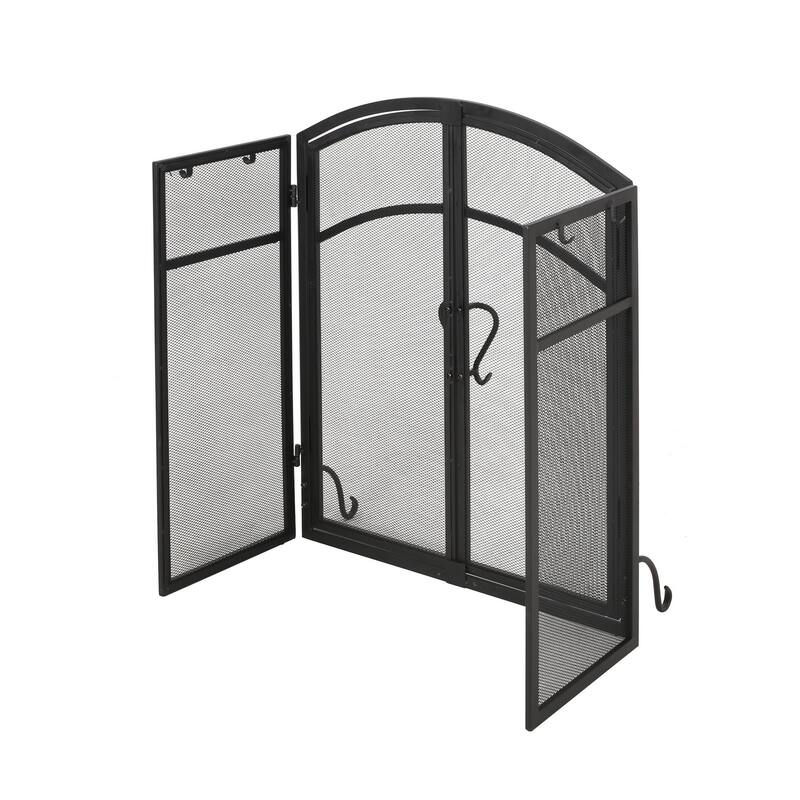 Tri Fold Fireplace Screen with 4 pcs Tool Set, Fine Mesh, Black Doors