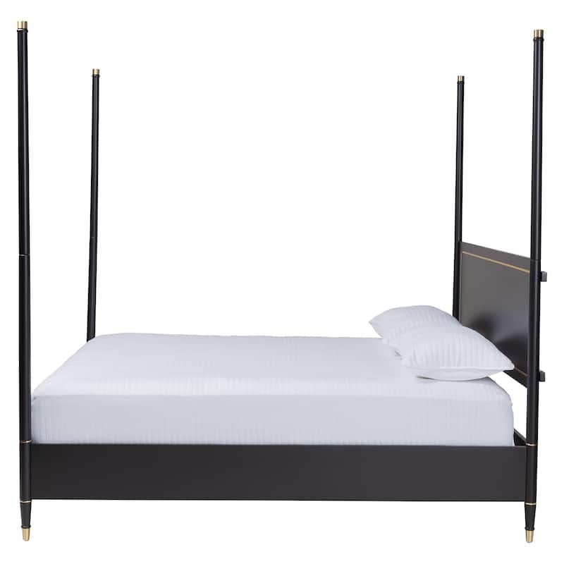 Tamra Four-Poster Platform Bed - Black Wood Bed Frame with Metallic Trim and Capped Legs, Modern Transitional Style, King