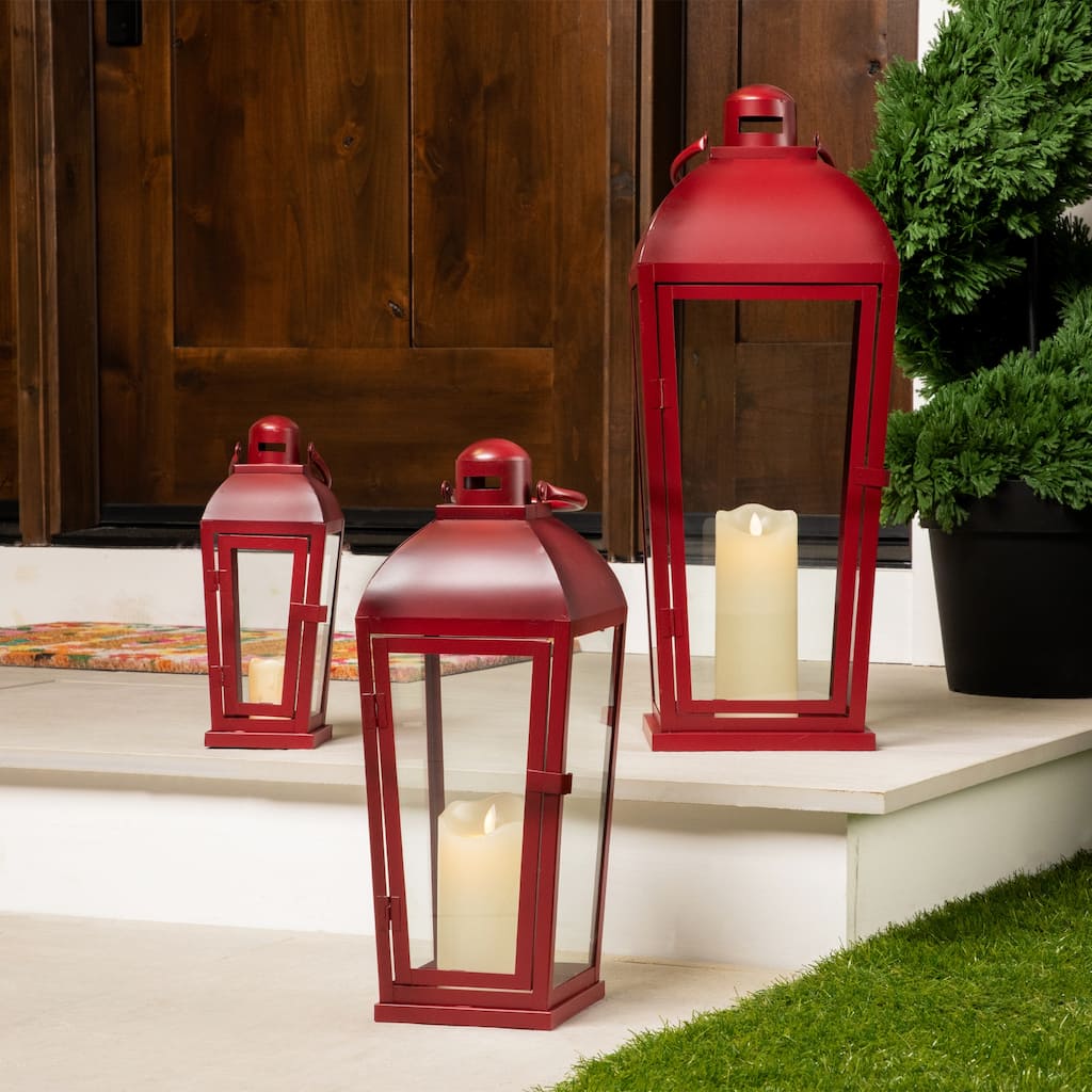Vintage Style Metal Candle Lanterns - 23.5" - Red - Set of 3