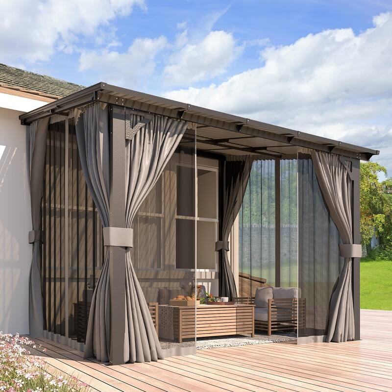 AECOJOY Gazebo for Patio, Small Wall-Mounted Lean to Pergola 8x8 Gazebo with Curtains and Netting, Hard Top Gazebo on Clearance - 10 x 8