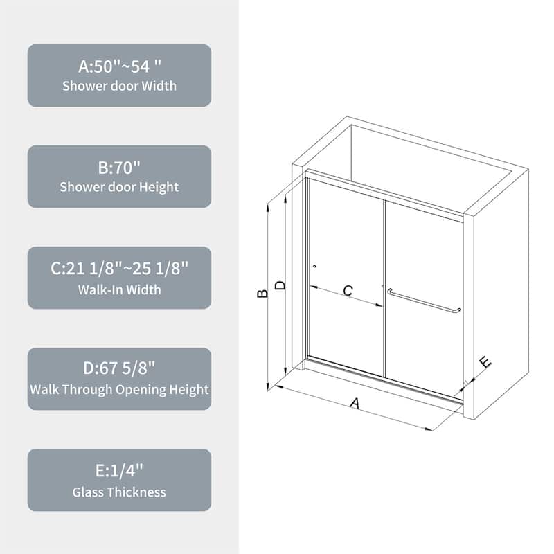Bathroom Shower Sliding Door with 1/4" Tempered Glass