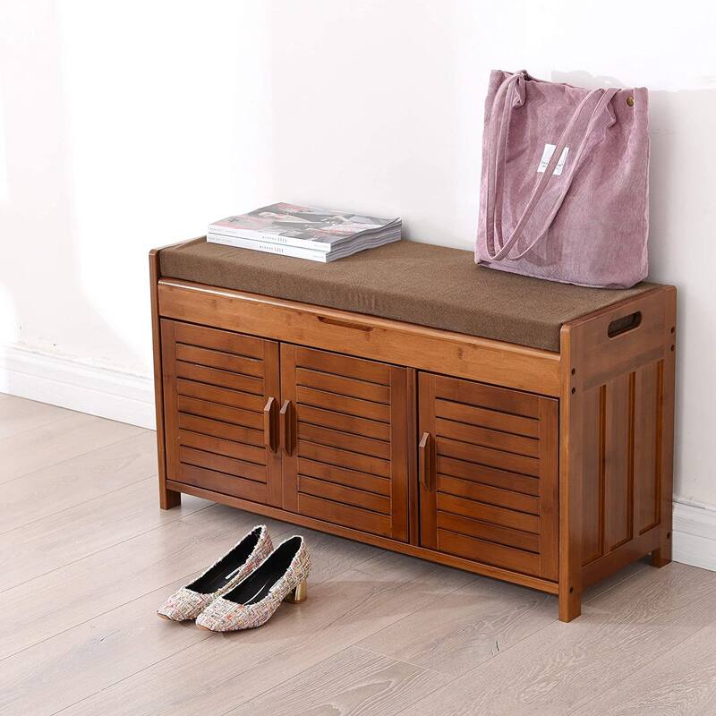 Shoe Storage Bench, Bamboo Shoe Rack with Door Storage Space and Soft Cushion