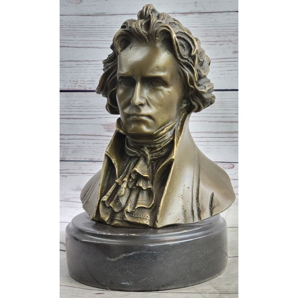 Ludwig Van Beethoven Bronze Metal Bust Sculpture Statue On Marble Base