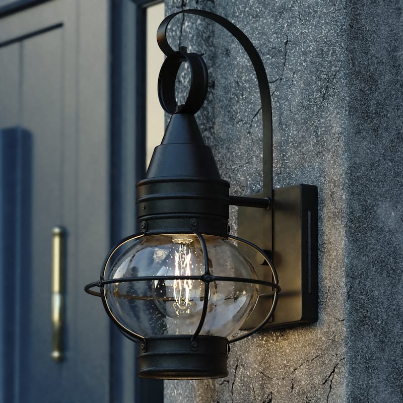 VAXCEL Chatham 13.5 in. H 1-Light Black Coastal Outdoor Wall Sconce, Steel, Clear Seeded Glass Shade, LED Compatible - 8-in W x 13.5-in H x 8.5-in D - Textured Black