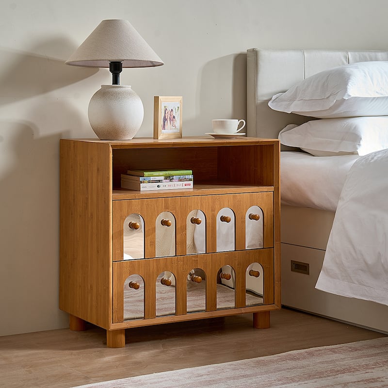 26" Tall Modern Nightstand with Charging Station, 23.75" Wide Wood Bedside Table /2 Storage Drawers - Natural
