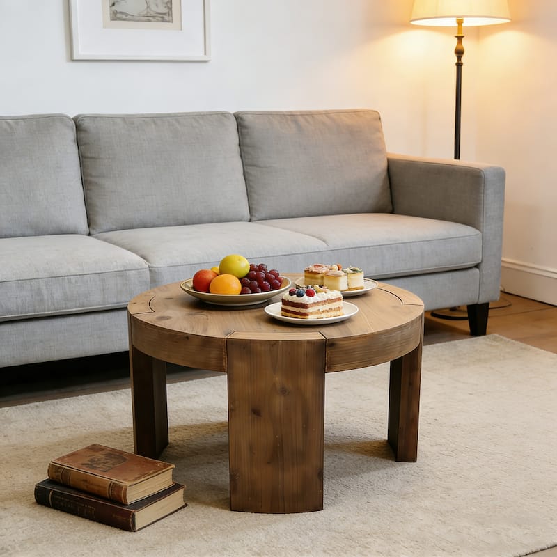 Solid Wood Round Coffee Table, 31.5 Inch Farmhouse Circle Center Cocktail Table