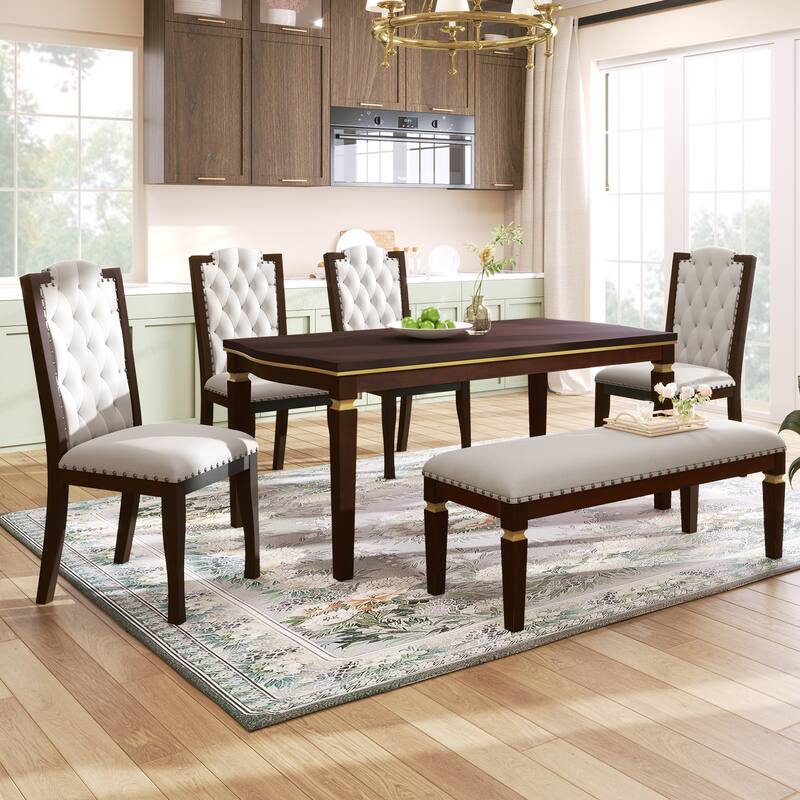 Kitchen Dining Table Set, Dining Room Table Set for 6 with Rectangular Table, Bench and 4 High Back Tufted Chairs - Espresso