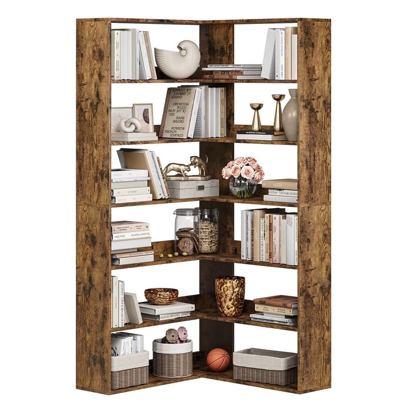 Modern 6 Tiers Corner Bookshelf Tall L Shaped Industrial Bookcase with Baffles - Brown