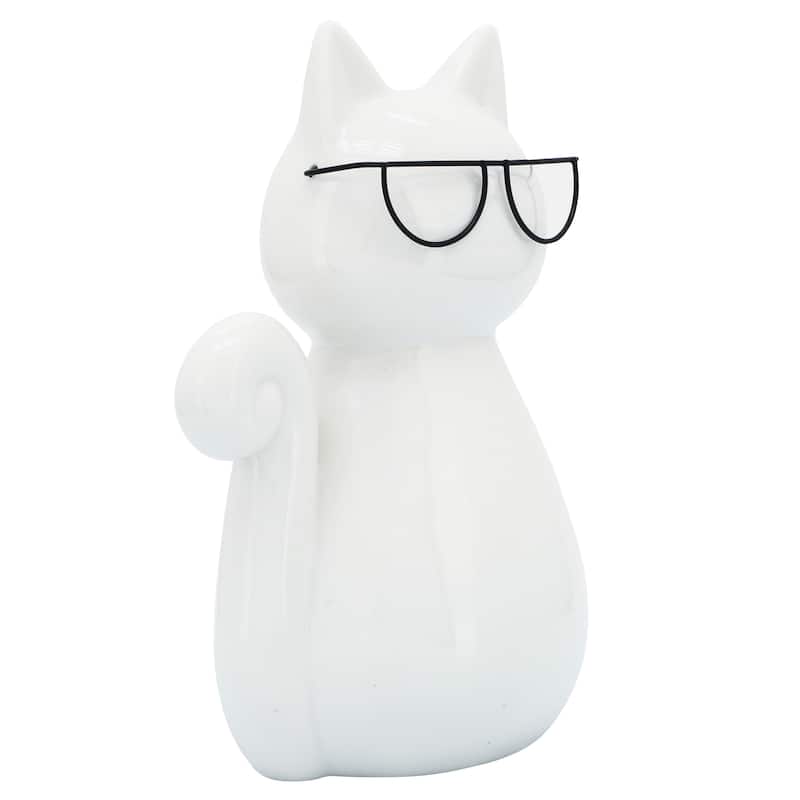 Sagebrook Home Porcelain Cat Statue White Kitty with Glasses Decorative Sculpture