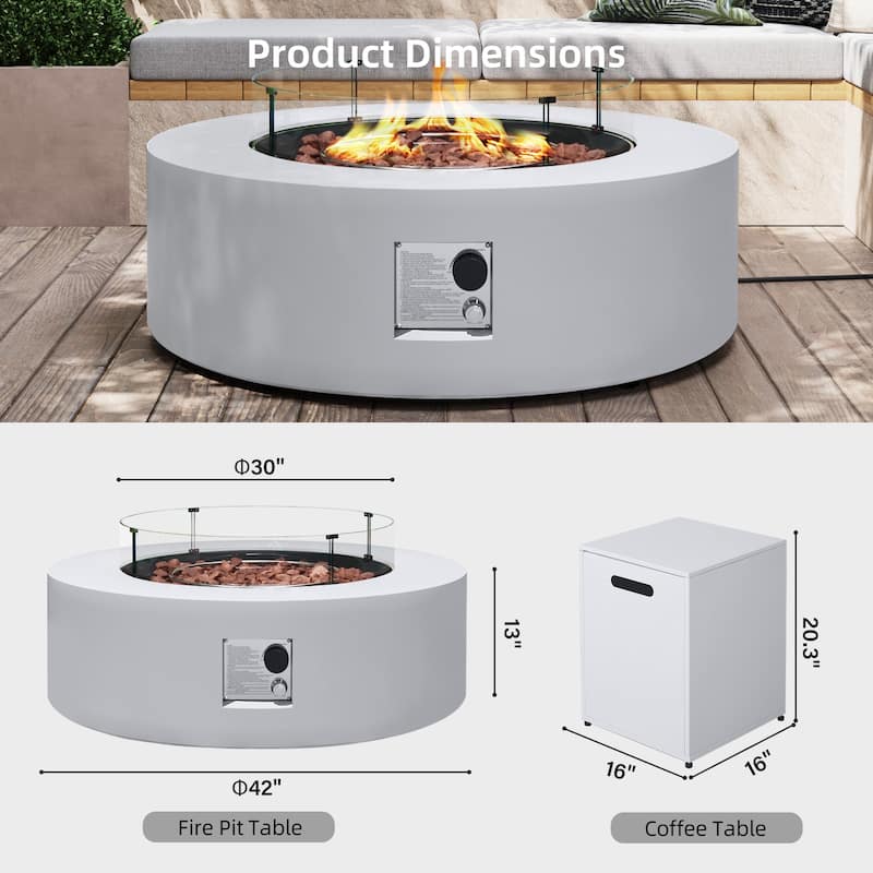 Patio Watcher Outdoor 42in./56in. Iron Fire Pit Table with Propane Tank Cover and Glass Wind Guard