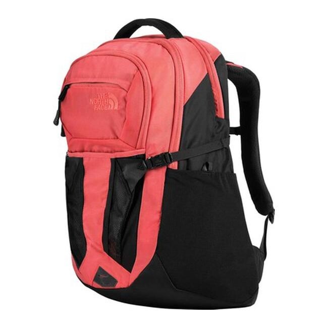 black and coral north face backpack