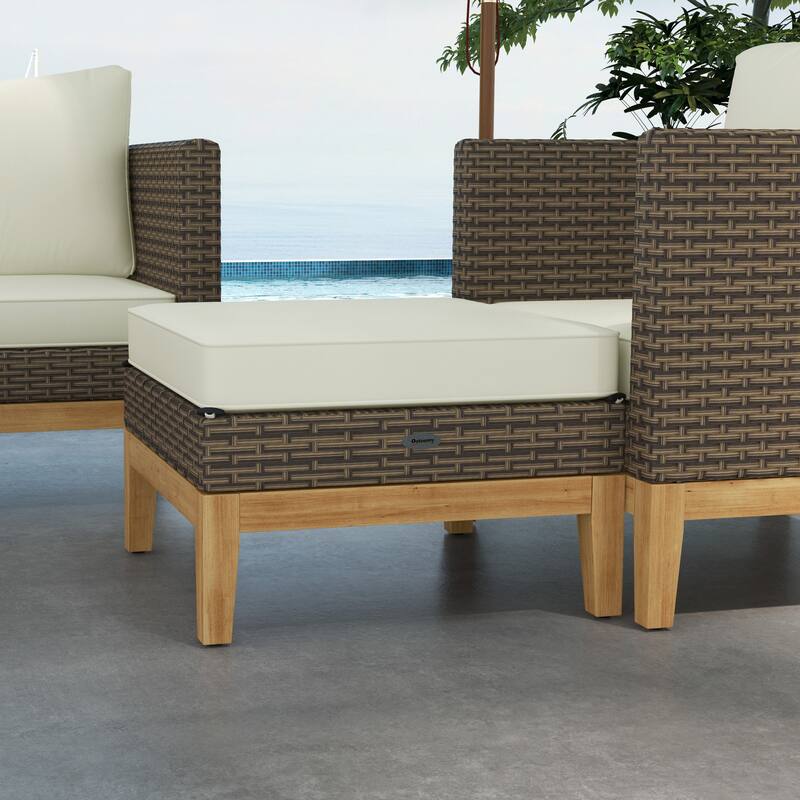 Outsunny Wooden Patio Furniture Set with Thick Padded Cushions, 5-Piece PE Rattan Sectional Sofa with Acacia Wood Top Coffee