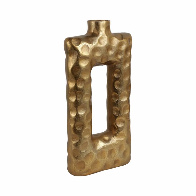 Metal Vase Hammered Texture with Rectangular Cutout Sculptural Design