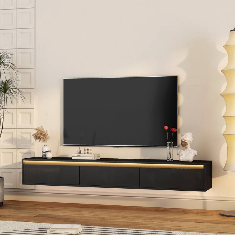High Gloss Floating Wall Mounted TV Stand with LED Lights & Power Outlet