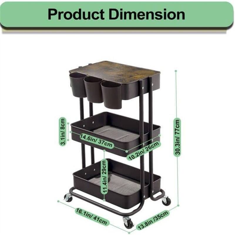 3-Tier Metal Utility Rolling Cart - 16.1" D x 13.8 " W x 33.9 " H