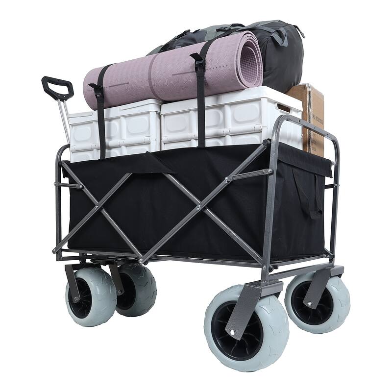 Two Pieces:Heavy-Duty 500lb Capacity Beach Wagon w/9" Pneumatic Tires & Steel Frame;Compact 225lb Foldable Utility Cart w/Straps