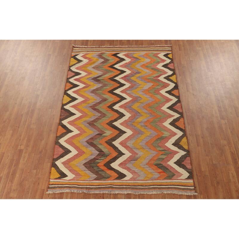 Tribal Kilim Qashqai Persian Vintage Rug Hand-Woven Wool Carpet - 6'1" x 9'2"