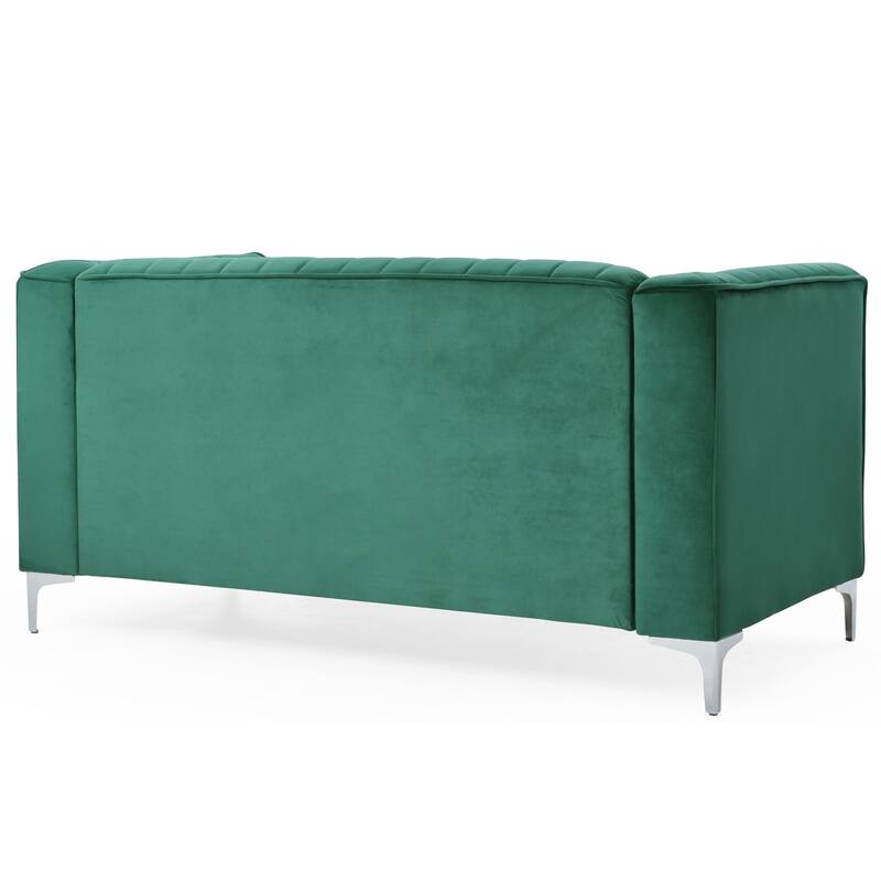 Velvet Microsuede Channel Tufted Loveseat with Throw Pillows - 65" - Green