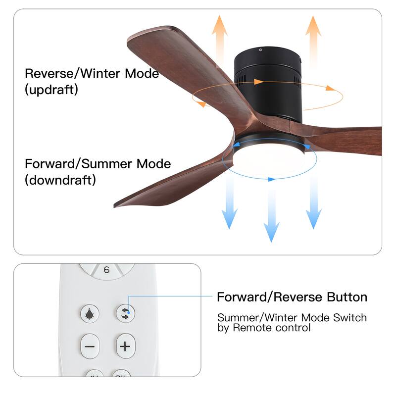 52" Solid Wood Ceiling Fan with Integrated LED Light and Remote Control, Reversible Motor