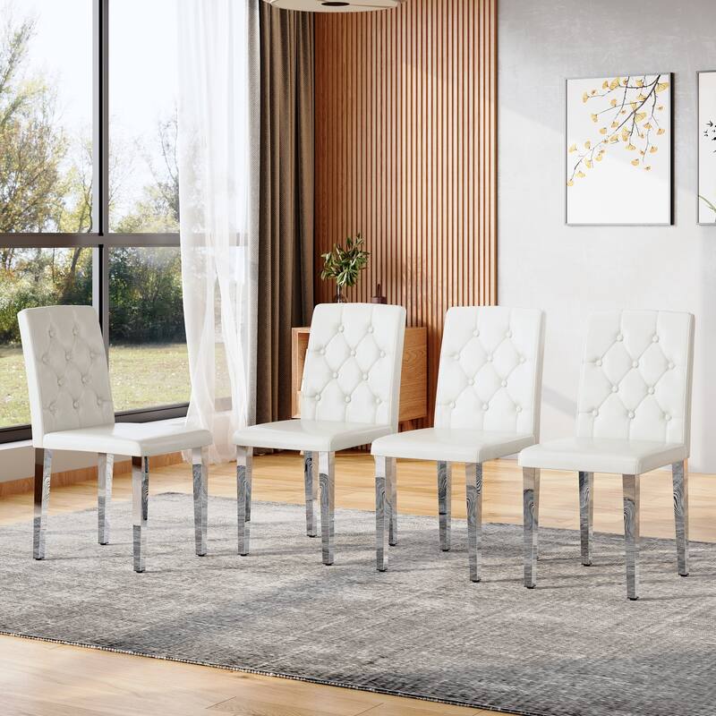 Dining Chairs Set of 4, Comfortable Dining Room Chair, Metal Kitchen Chairs with Faux Leathaire Seats and High Back - White+Silver