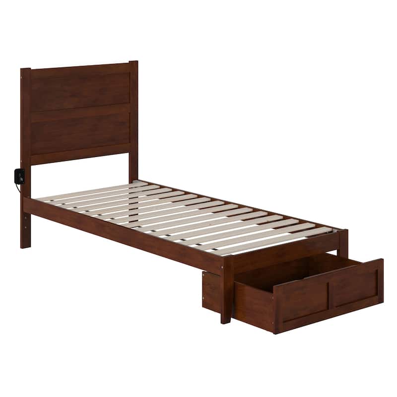 Twin XL Bed with Drawer - Modern Platform Bed Frame, Walnut Finish, Storage Solution