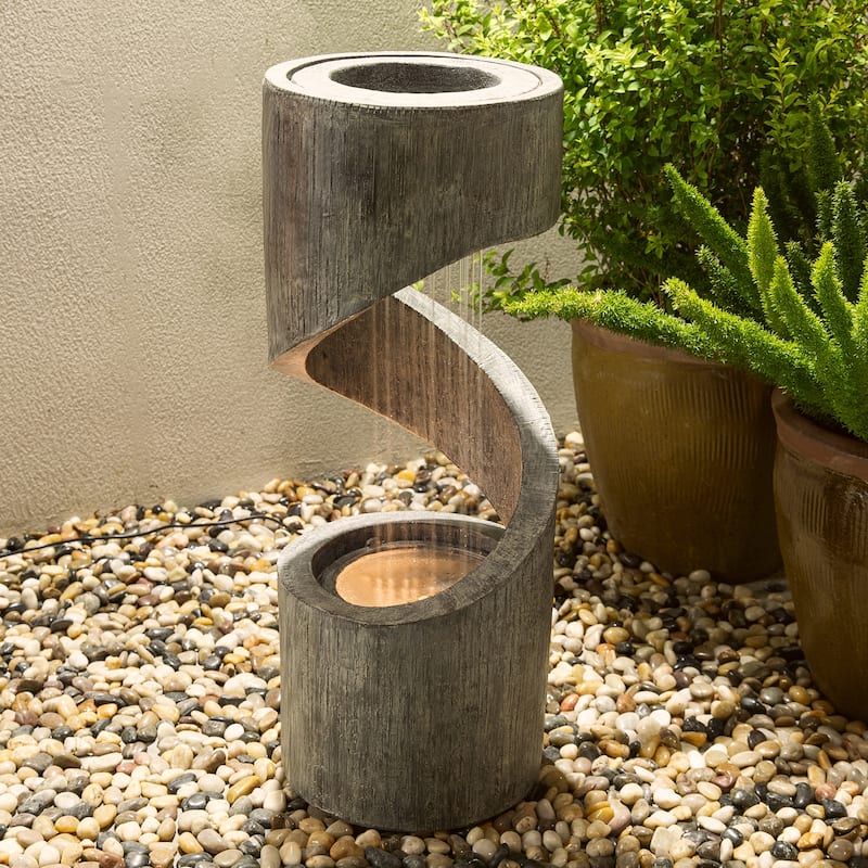32-Inch Modern Polyresin LED Spiral Outdoor Fountain With Small Planter by Glitzhome - Grey